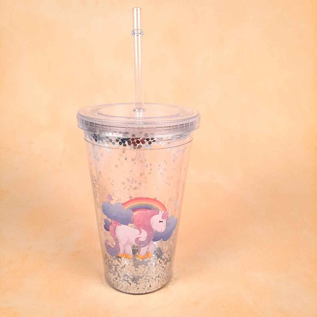 Glitter Sipper Bottle with Straw and Lid - Unicorn Design - For Girls, Kids and Boys - ApkaMart
