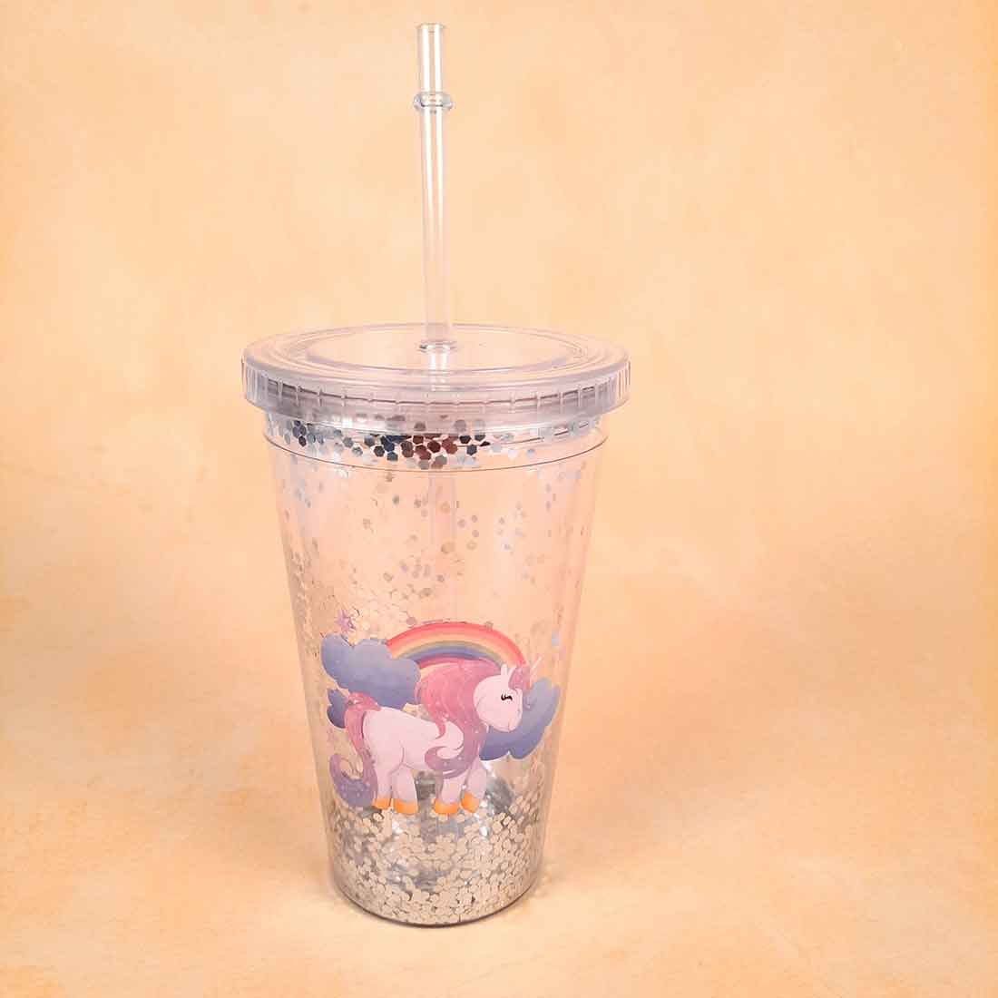 Glitter Sipper Bottle with Straw and Lid -  Unicorn Design - For Girls, Kids and Boys - ApkaMart