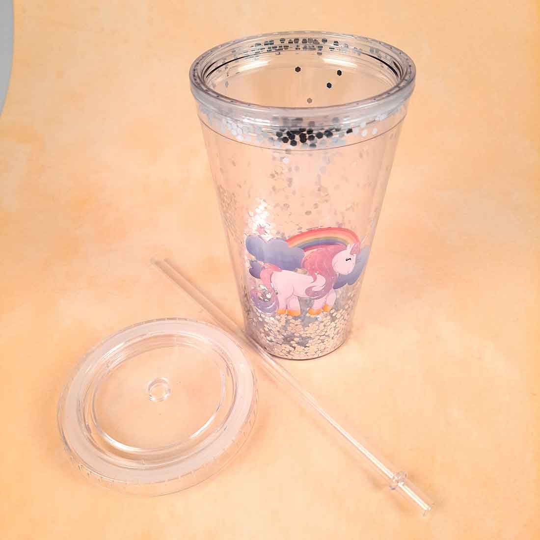 Glitter Sipper Bottle with Straw and Lid - Unicorn Design - For Girls, Kids and Boys - ApkaMart