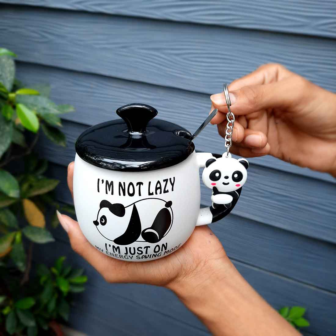 Lazy Panda Coffee Mug with Lid ,Spoon & Key Chain - for Tea, Coffee & Gifts - ApkaMart