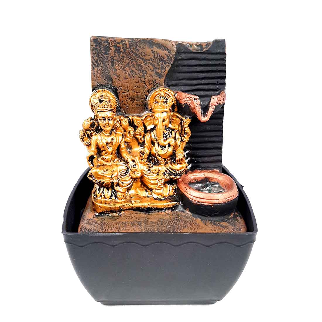 LED Water Fountain with Lakshmi Ganesh Statue - Decorative Showpiece for Table & Office Decor - 7 Inch - ApkaMart