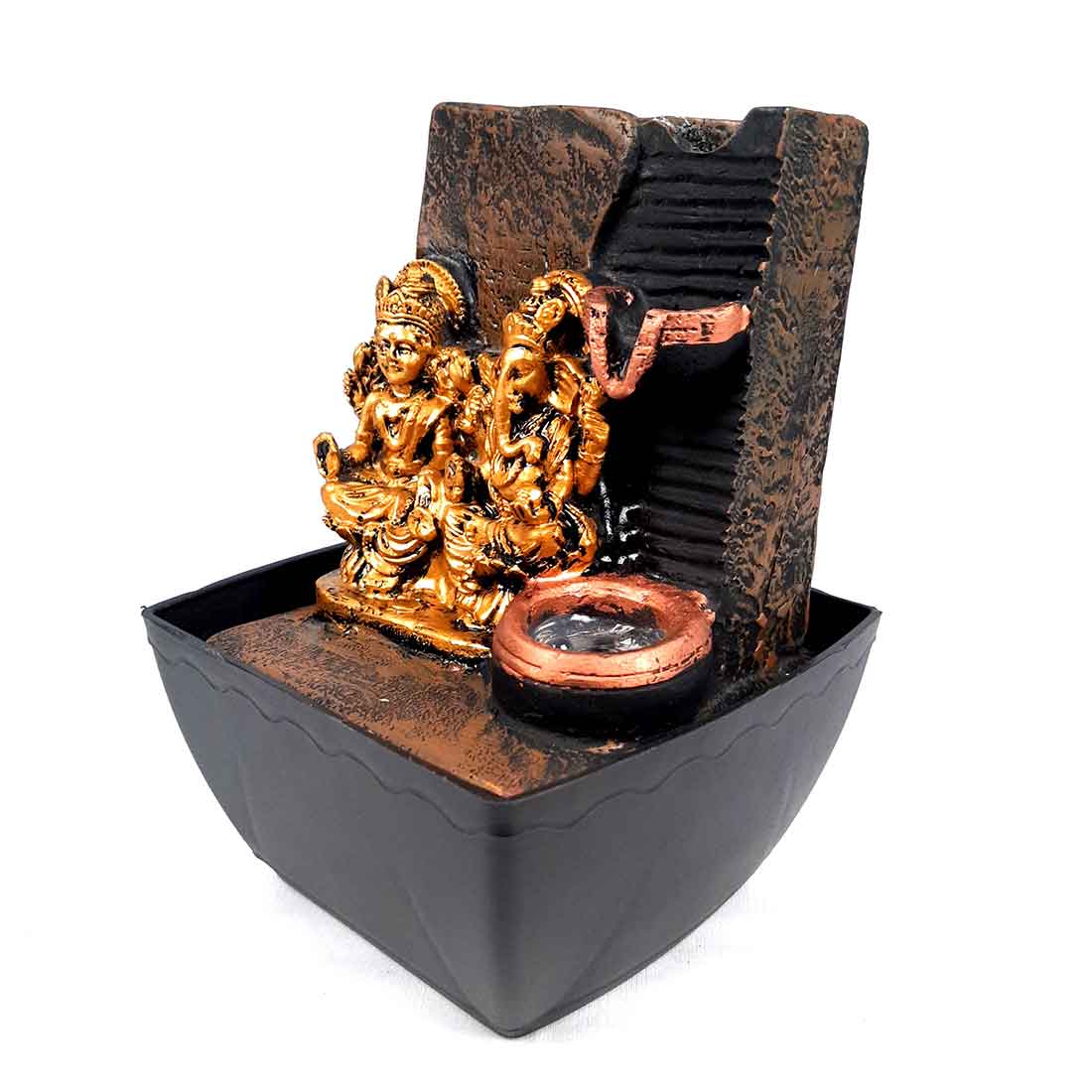 LED Water Fountain with Lakshmi Ganesh Statue - Decorative Showpiece for Table & Office Decor - 7 Inch - ApkaMart