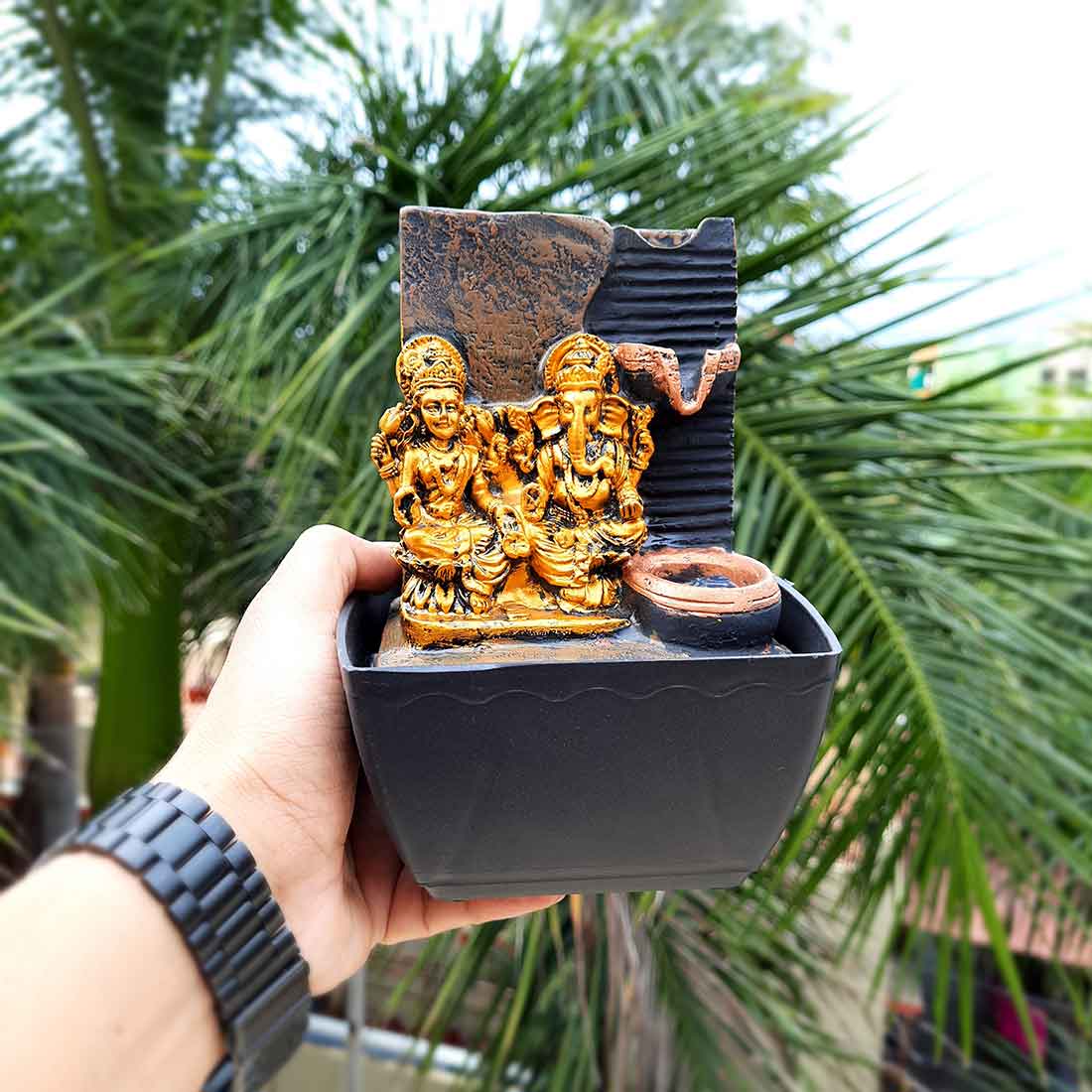 LED Water Fountain with Lakshmi Ganesh Statue - Decorative Showpiece for Table & Office Decor - 7 Inch - ApkaMart