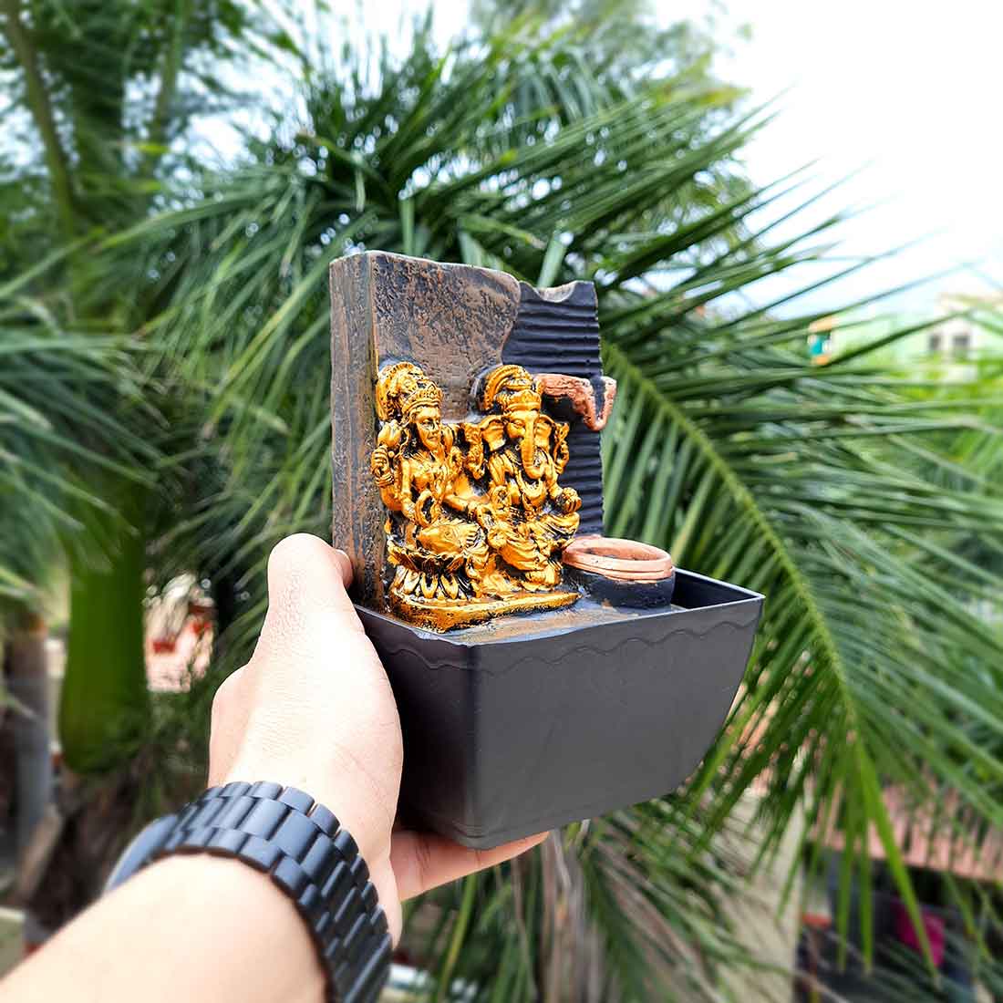 LED Water Fountain with Lakshmi Ganesh Statue - Decorative Showpiece for Table & Office Decor - 7 Inch - ApkaMart