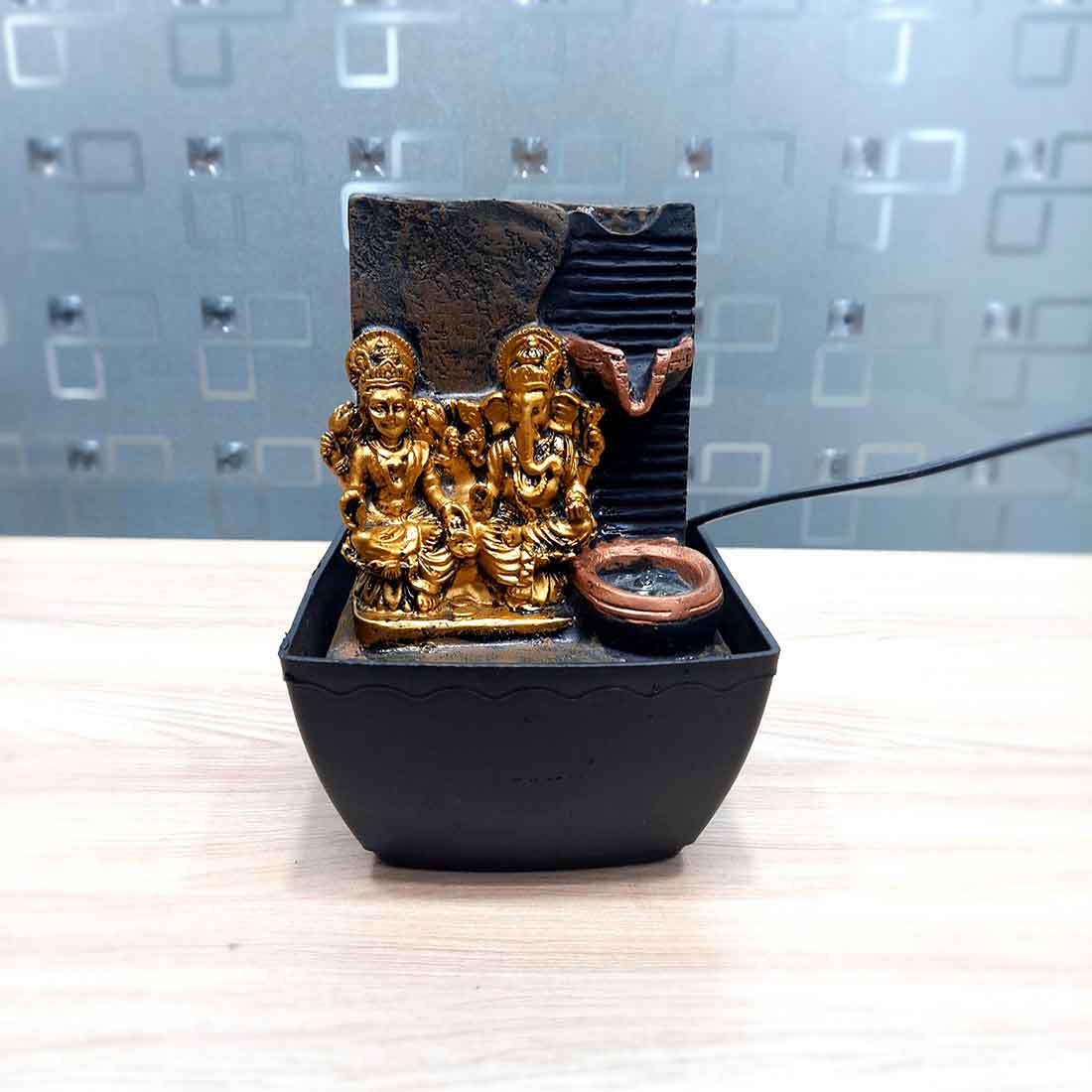 LED Water Fountain with Lakshmi Ganesh Statue - Decorative Showpiece for Table & Office Decor - 7 Inch - ApkaMart