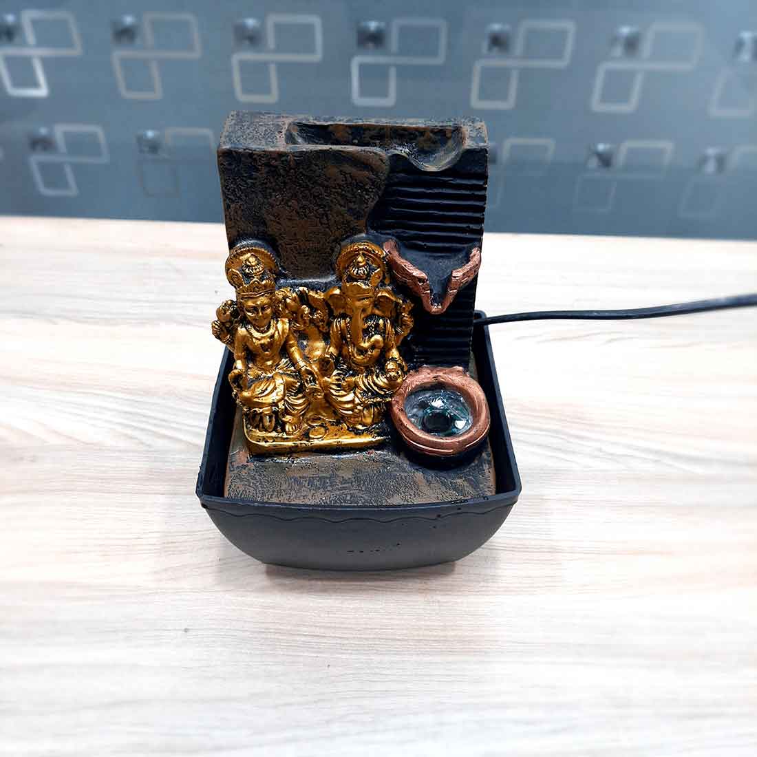 LED Water Fountain with Lakshmi Ganesh Statue - Decorative Showpiece for Table & Office Decor - 7 Inch - ApkaMart