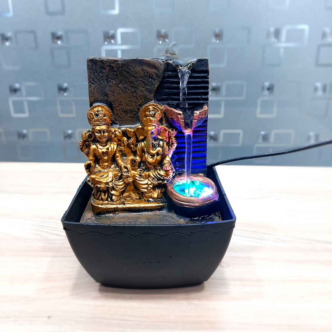 LED Water Fountain with Lakshmi Ganesh Statue - Decorative Showpiece for Table & Office Decor - 7 Inch - ApkaMart