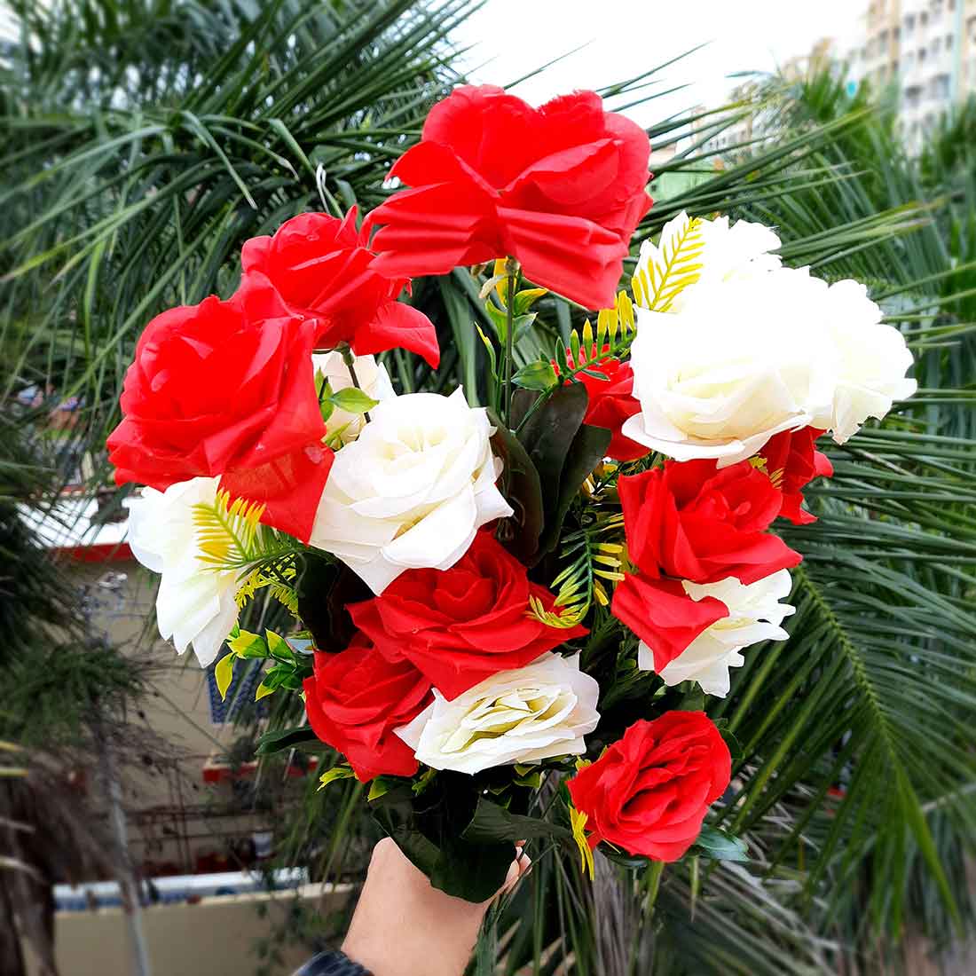 Artificial Flowers Bunch- Apkamart #color_Red & White