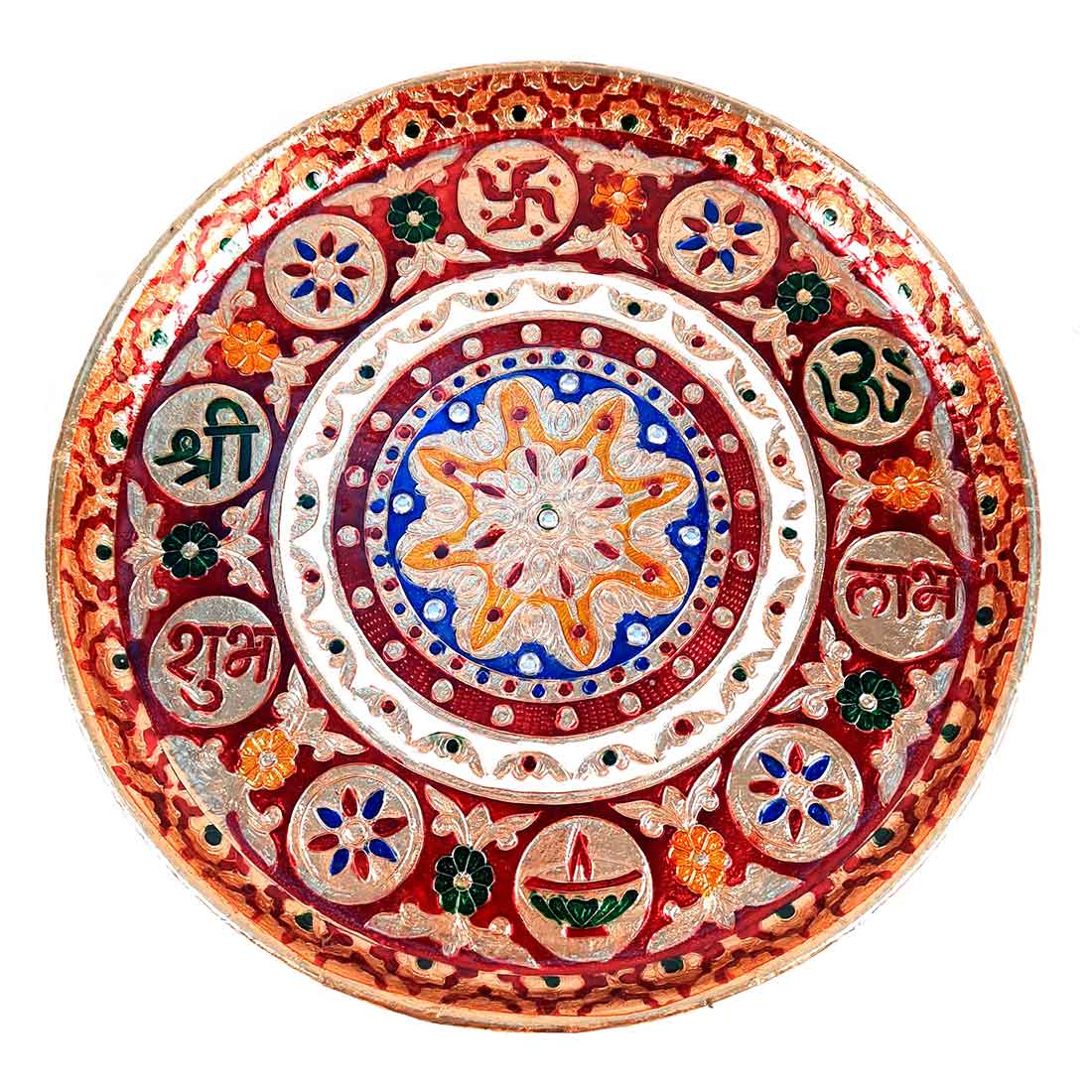 Meenakari Puja Thali - Shubh Labh Design - For For Pooja, Weddings & Festivals - 12 Inch - ApkaMart #style_flower