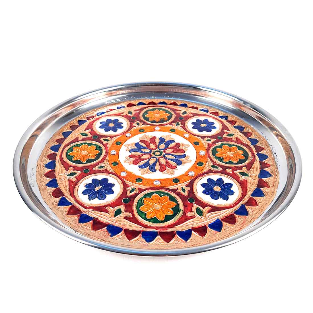 Decorative Plate | Puja Thali -Flower Design - For Pooja, Karwachauth & Festivals - 11 Inch - ApkaMart