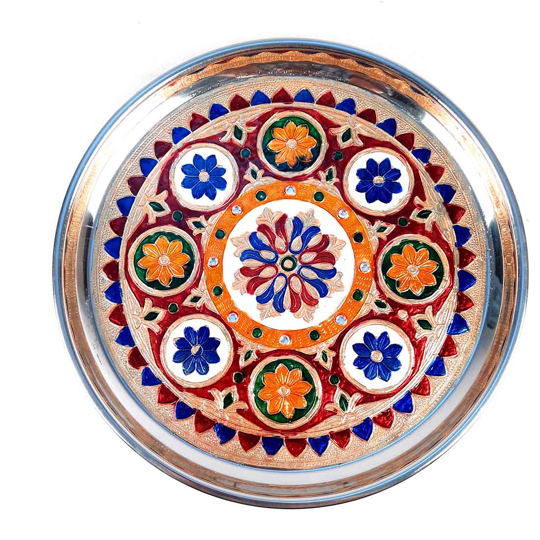 Decorative Plate | Puja Thali -Flower Design - For Pooja, Karwachauth & Festivals - 11 Inch - ApkaMart