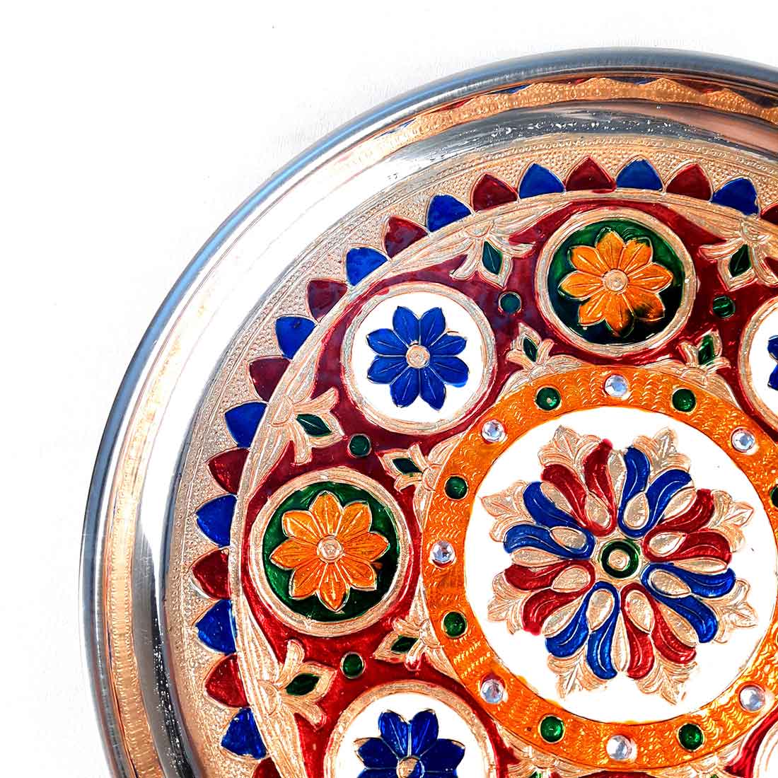 Decorative Plate | Puja Thali -Flower Design - For Pooja, Karwachauth & Festivals - 11 Inch - ApkaMart