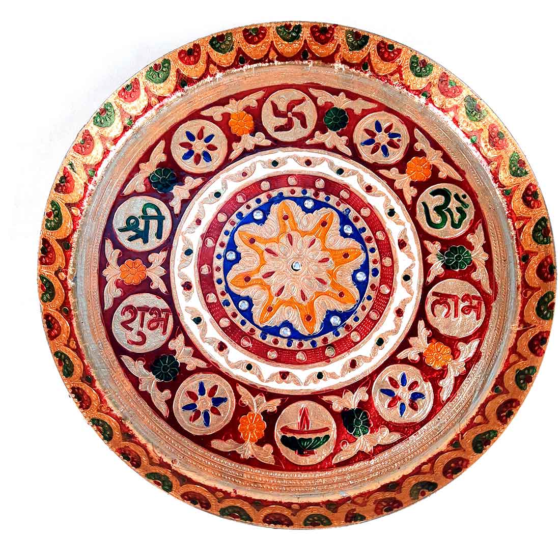 Pooja Thal - Aarti Plate with Meenakari Work & Shubh Labh Design - For Pooja, Weddings & Festivals - 13 Inch - ApkaMart