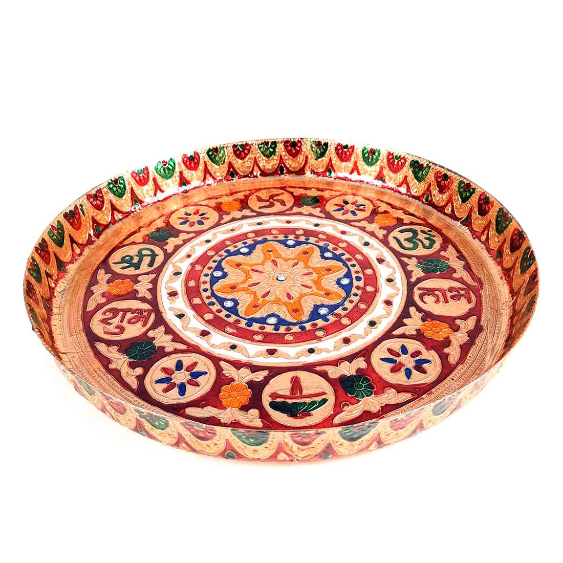 Pooja Thal - Aarti Plate with Meenakari Work & Shubh Labh Design - For Pooja, Weddings & Festivals - 13 Inch - ApkaMart