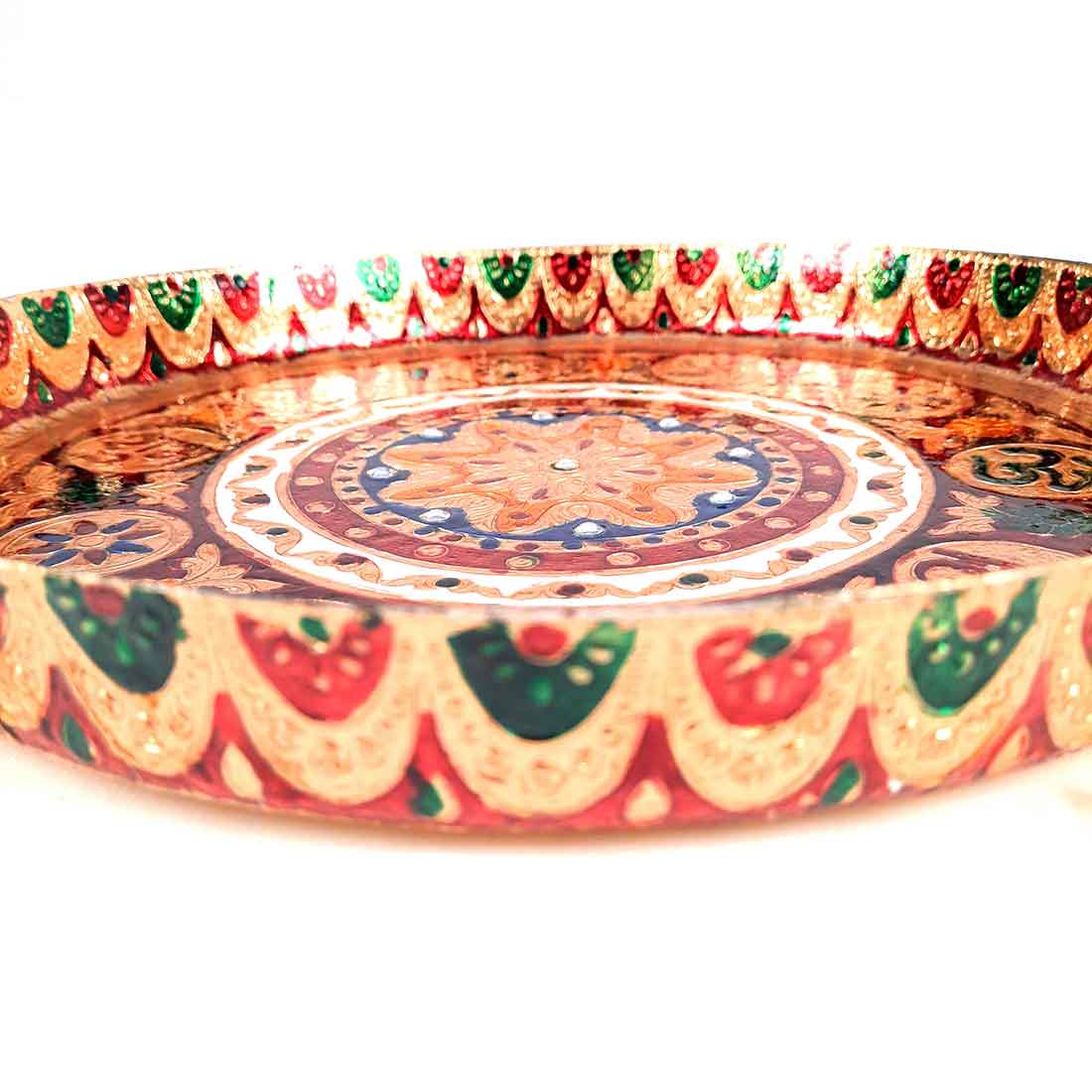 Pooja Thal - Aarti Plate with Meenakari Work & Shubh Labh Design - For Pooja, Weddings & Festivals - 13 Inch - ApkaMart
