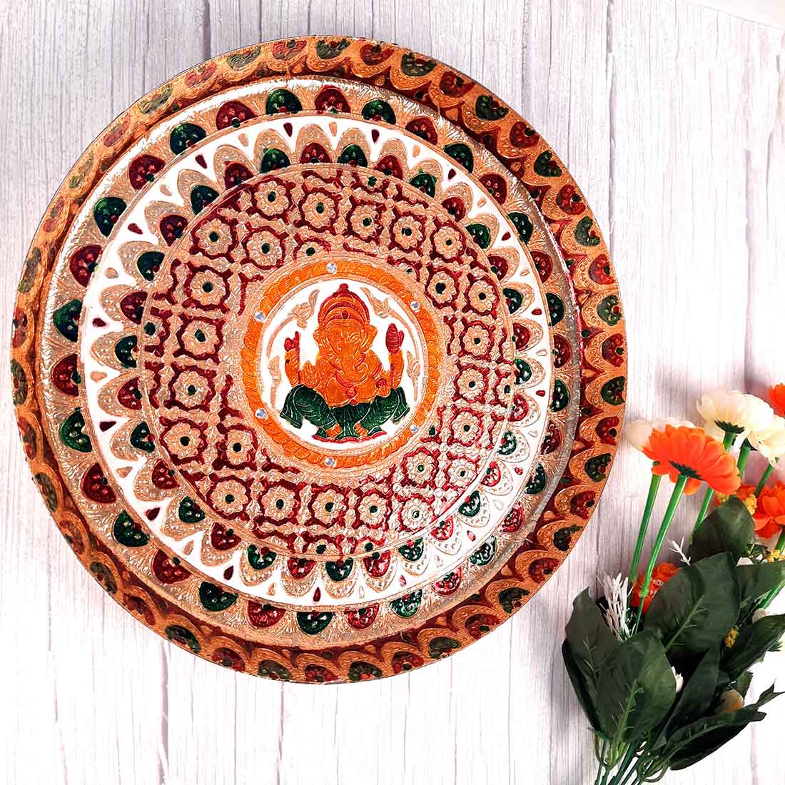 Pooja Plate | Aarti Thali - Ganesha Ji Design - For Pooja, Weddings & Festivals - 13 Inch - ApkaMart