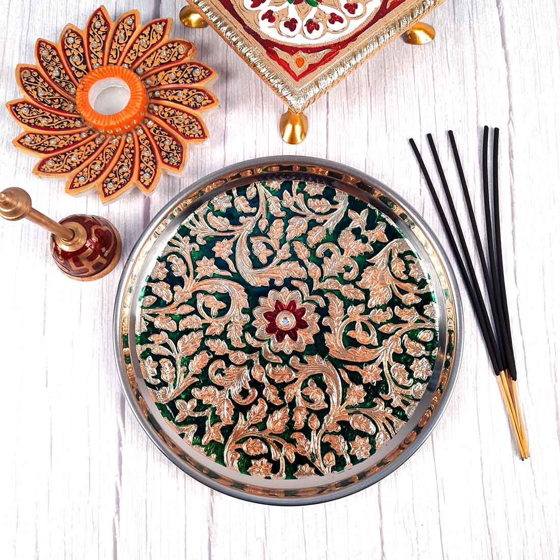 Decorated Pooja Thali - Apkamart #color_Green