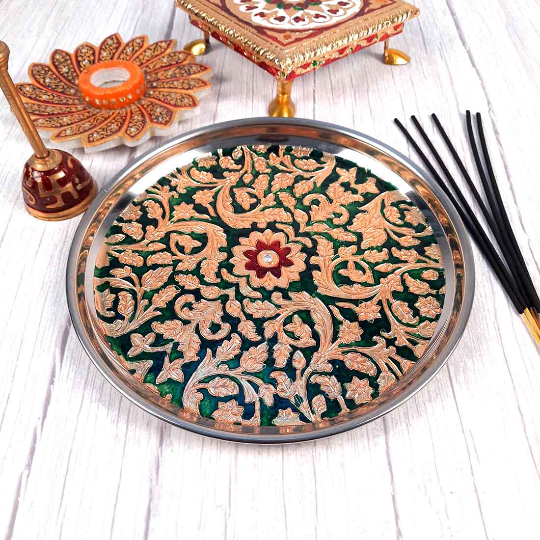 Decorated Pooja Thali - Apkamart #color_Green