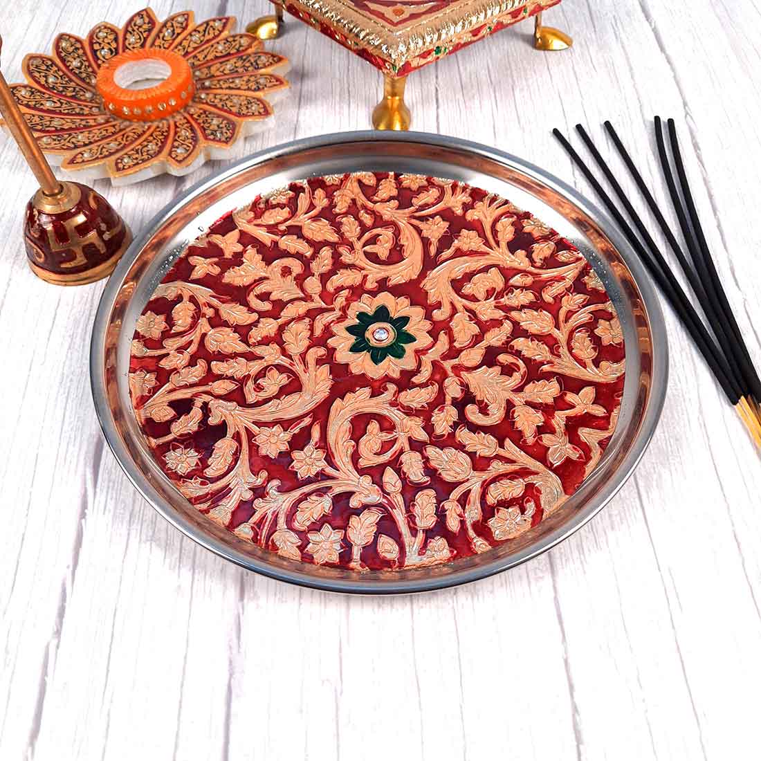 Decorated Pooja Thali - Apkamart #color_Red