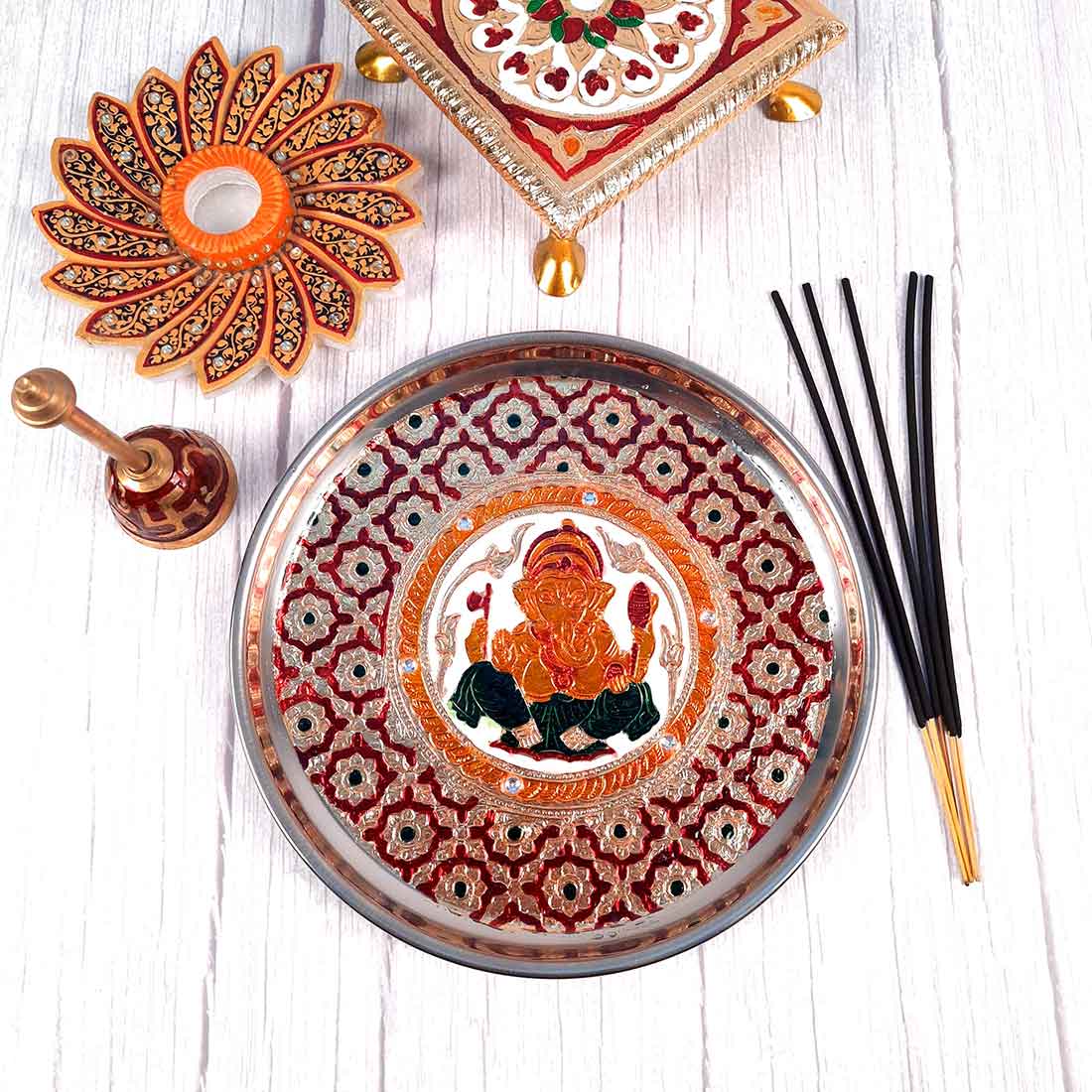 Decorated Pooja Thali- Apkamart #color_Red