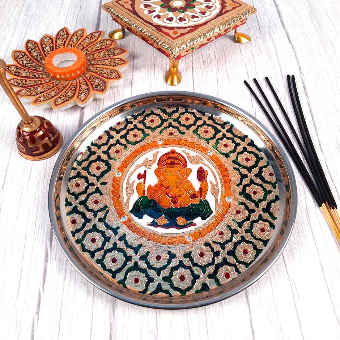 Decorated Pooja Thali- Apkamart #color_Green