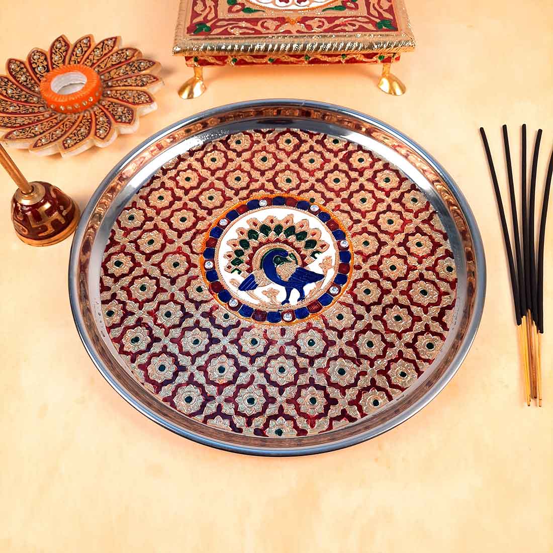 Meenakari Pooja Thali - For For Pooja, Weddings & Festivals - 11 Inch - ApkaMart