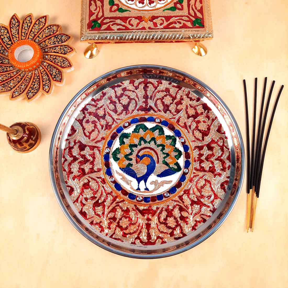 Decorated Pooja Thali- Apkamart #color_Red