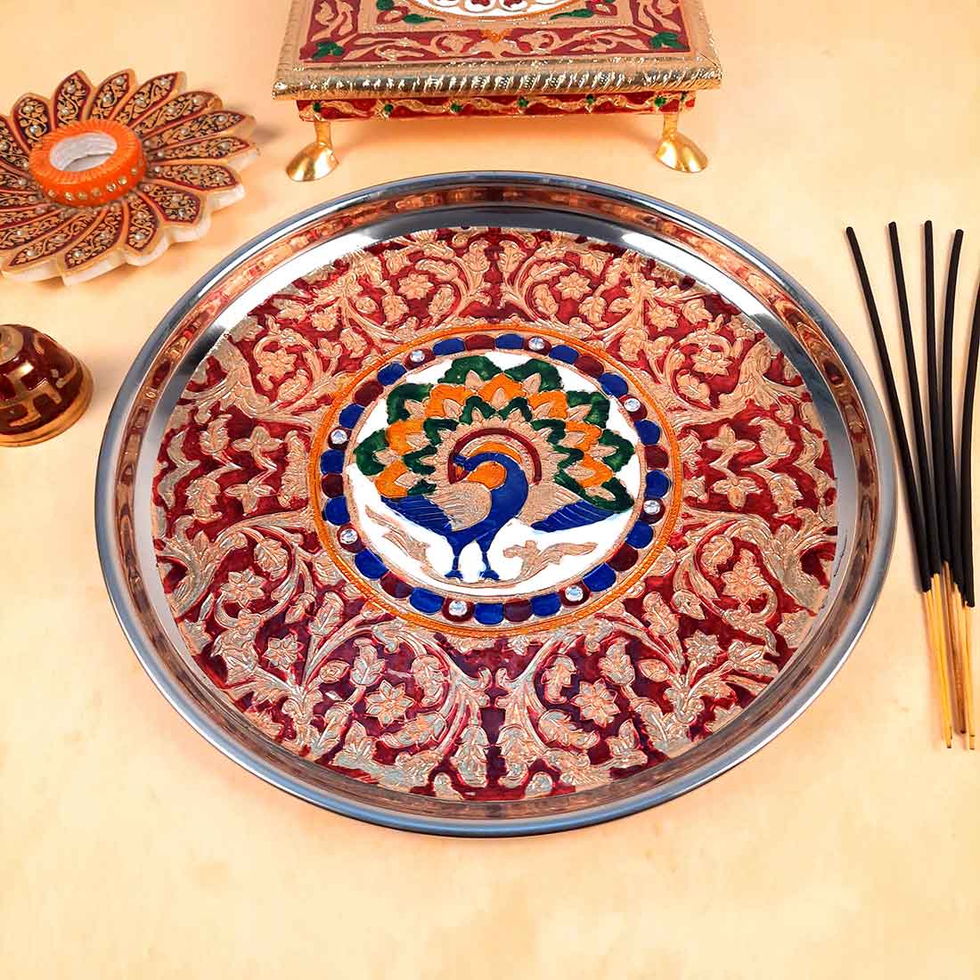 Decorated Pooja Thali- Apkamart #color_Red