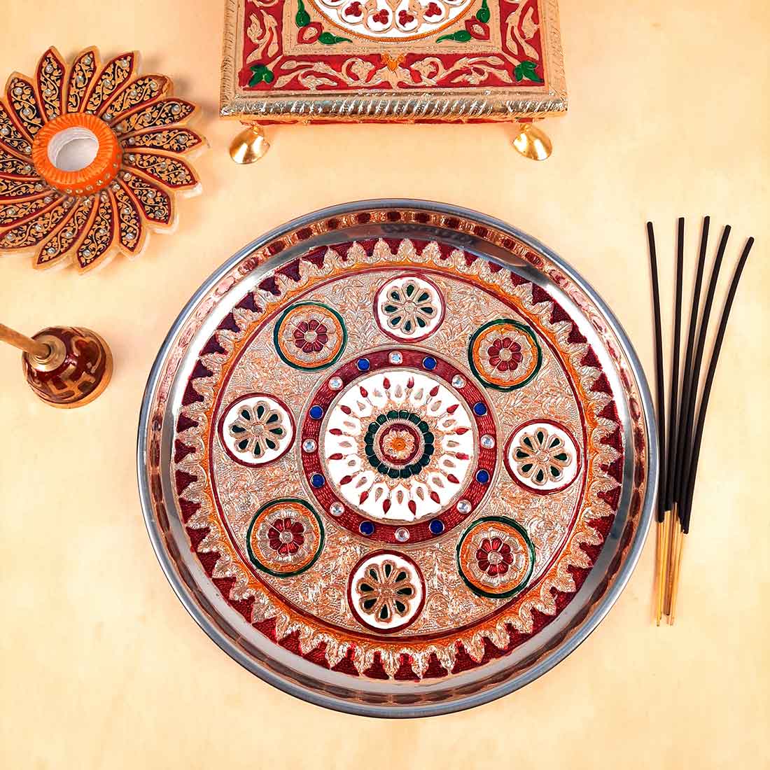 Pooja Plate | Aarti Thali - Flower Design -  For Ganesh Pooja, Diwali & Karwa Chauth - 11 Inch - ApkaMart