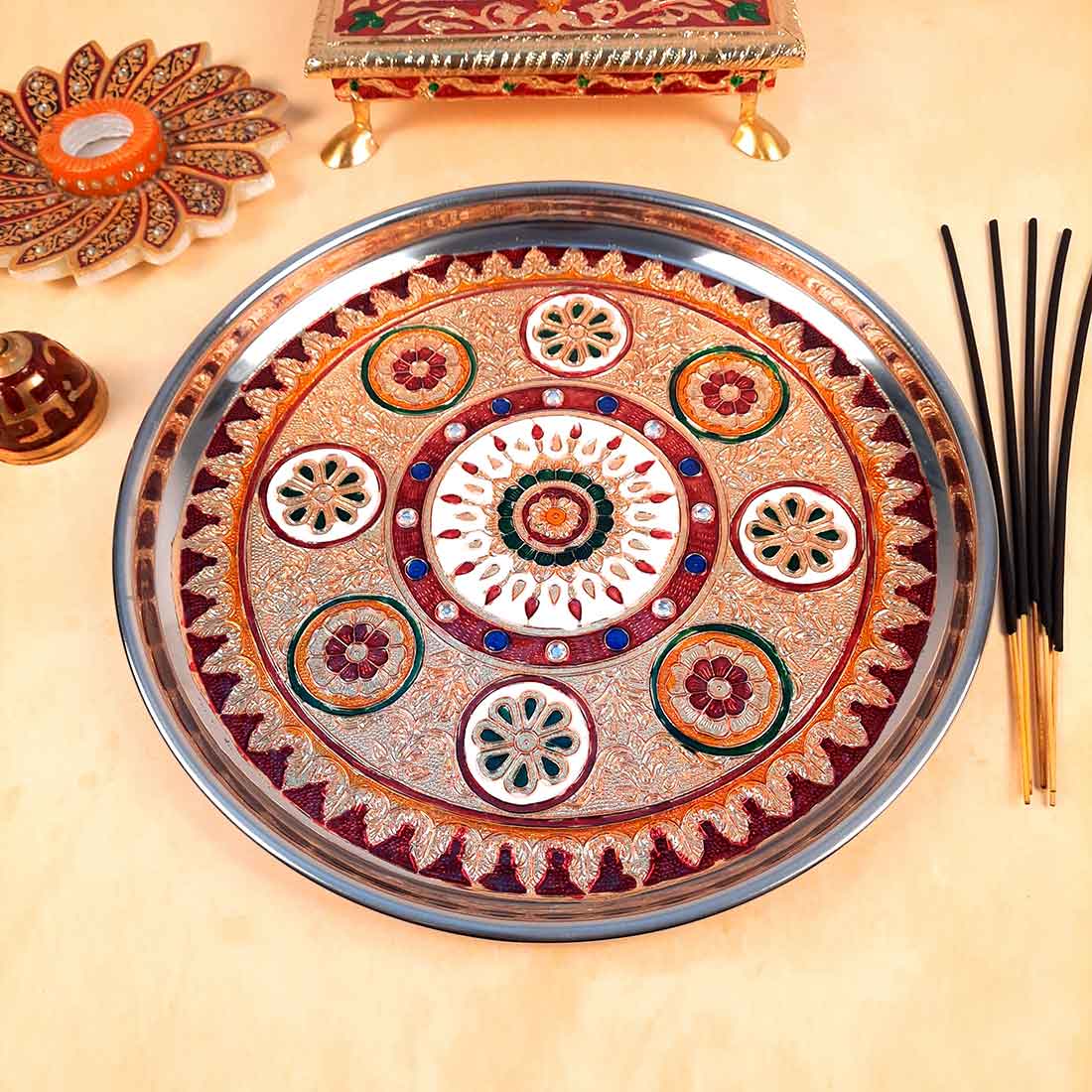 Pooja Plate | Aarti Thali - Flower Design - For Ganesh Pooja, Diwali & Karwa Chauth - 11 Inch - ApkaMart