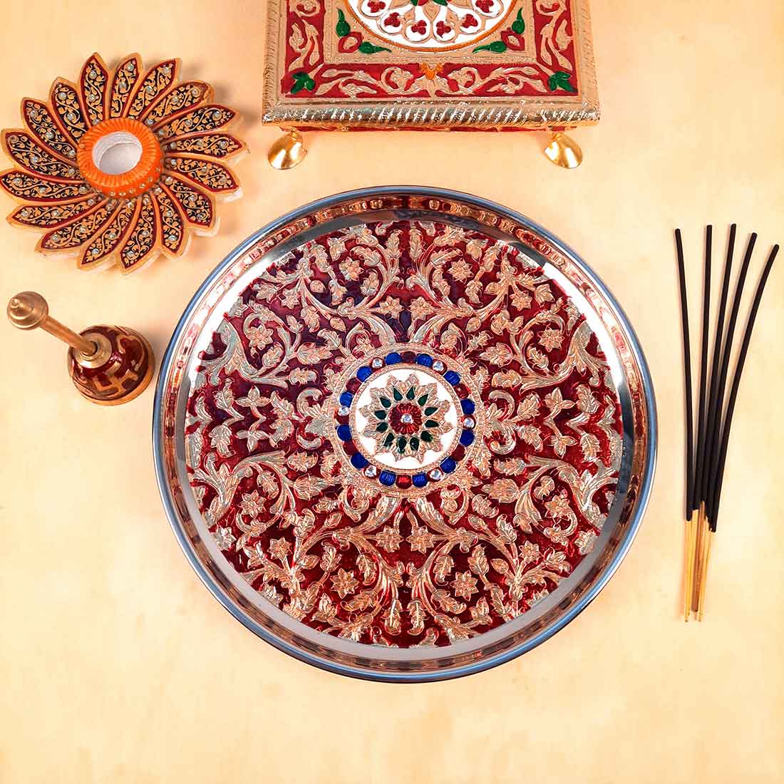 Pooja Thali | Aarti Thali - For Rakhi, Diwali & Karwa Chauth - 11 Inch - ApkaMart