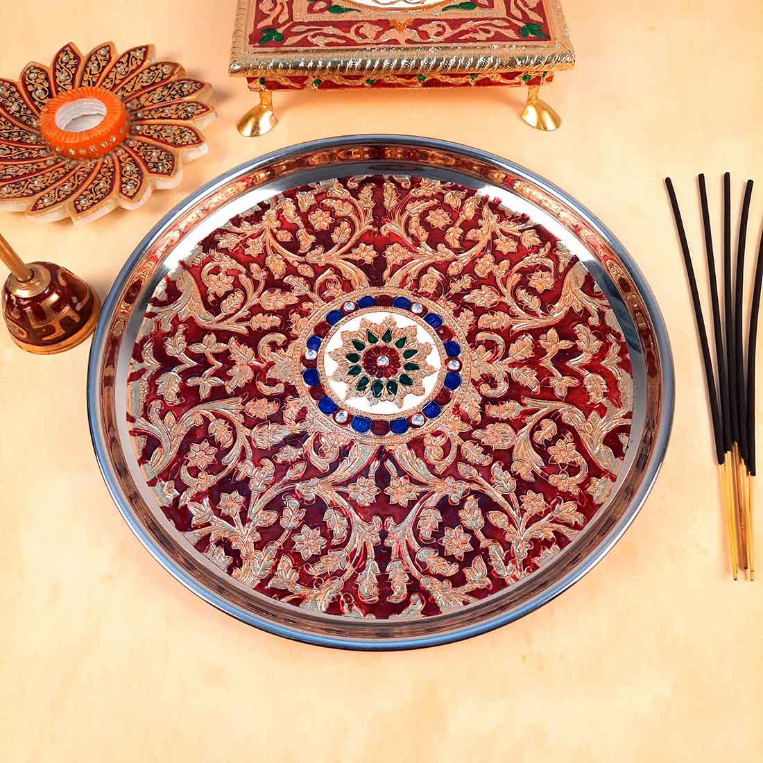 Pooja Thali | Aarti Thali - For Rakhi, Diwali & Karwa Chauth - 11 Inch - ApkaMart