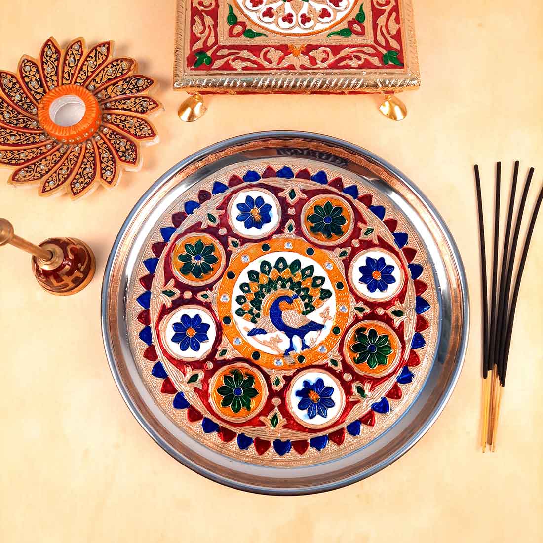 Decorated Pooja Thali- Apkamart #color_Blue