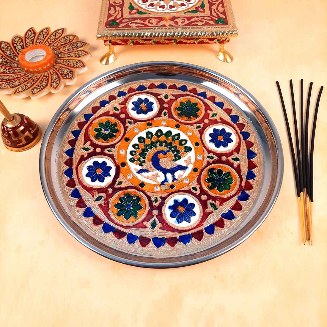 Decorated Pooja Thali- Apkamart #color_Blue