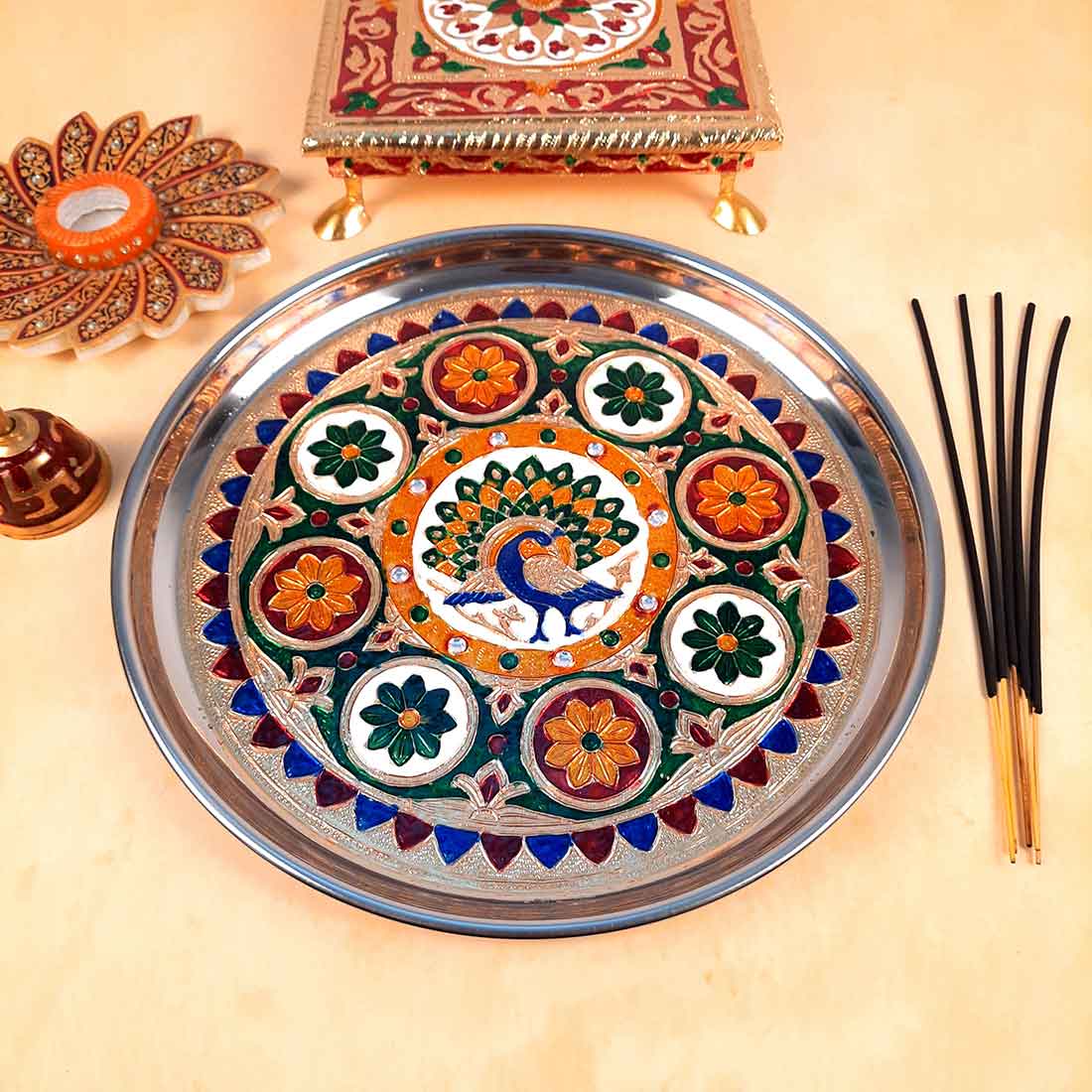 Pooja Thali | Aarti Thali - Peacock Design - For For Pooja, Weddings & Festivals - 11 Inch - ApkaMart
