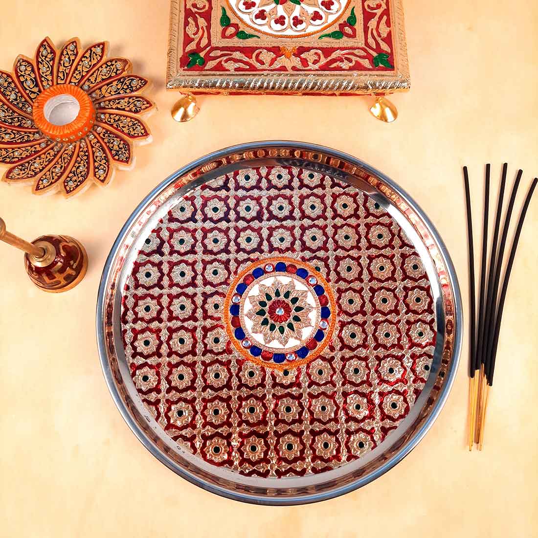 Decorated Pooja Thali- Apkamart #color_Red