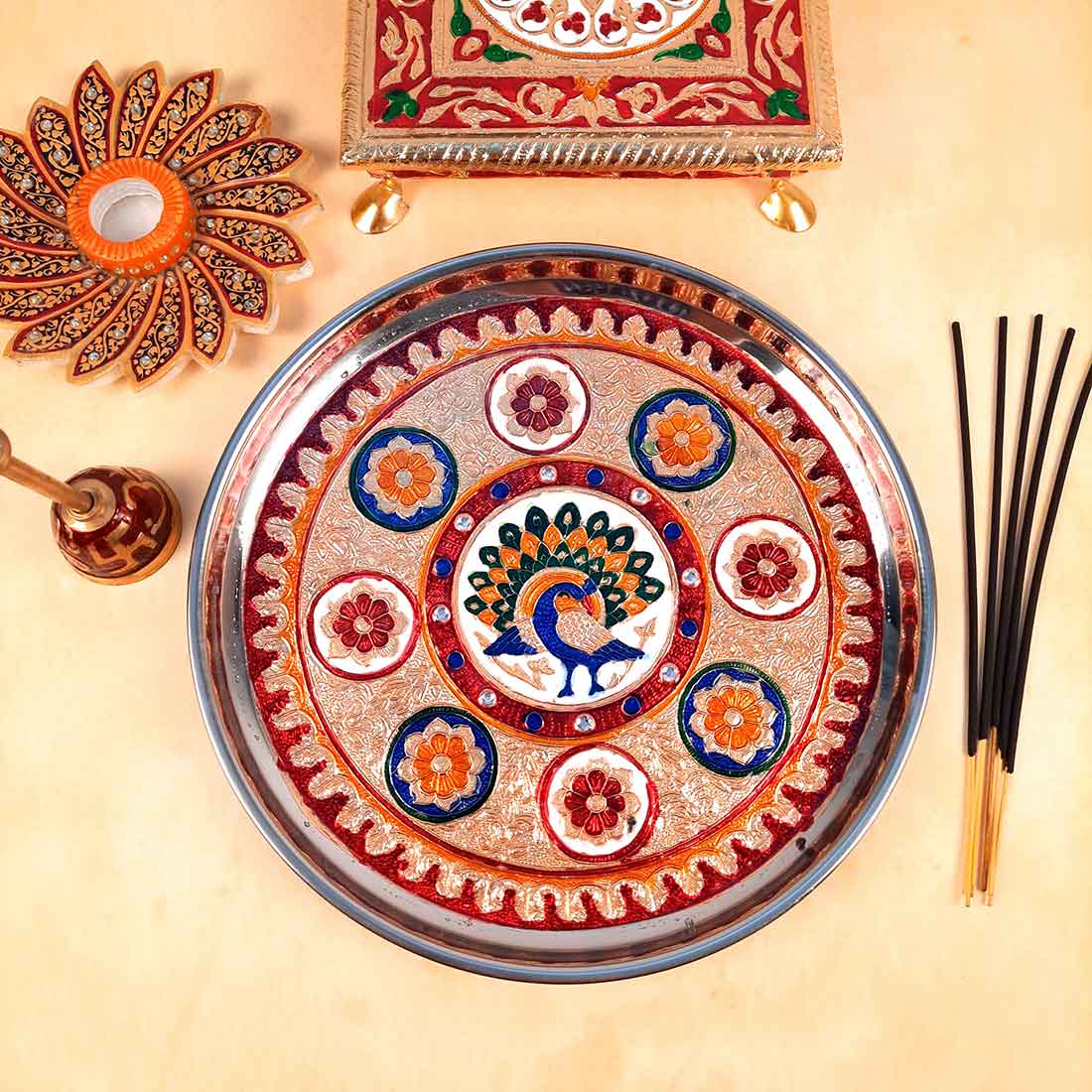 Decorated Pooja Thali- Apkamart #color_Red