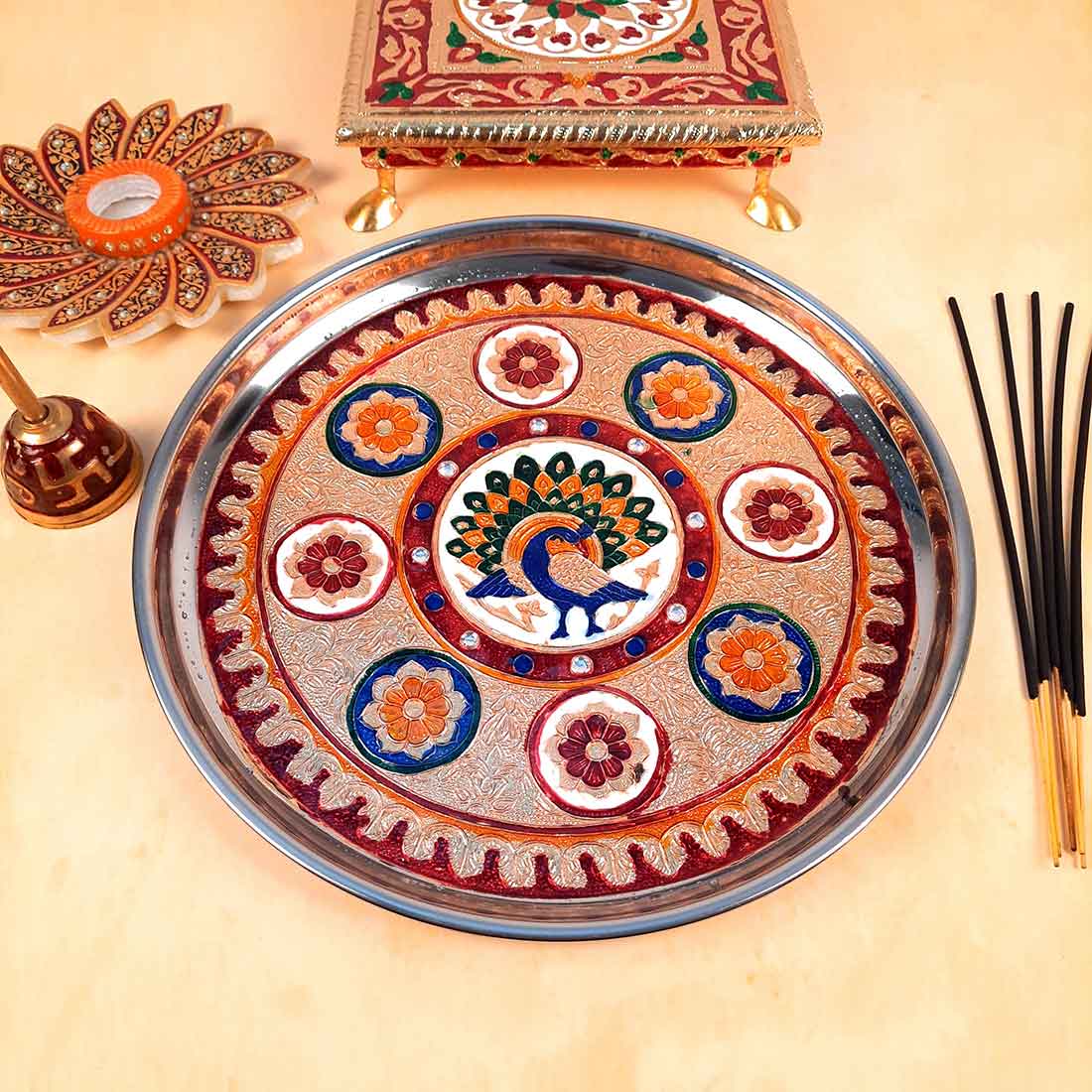 Decorated Pooja Thali- Apkamart #color_Red