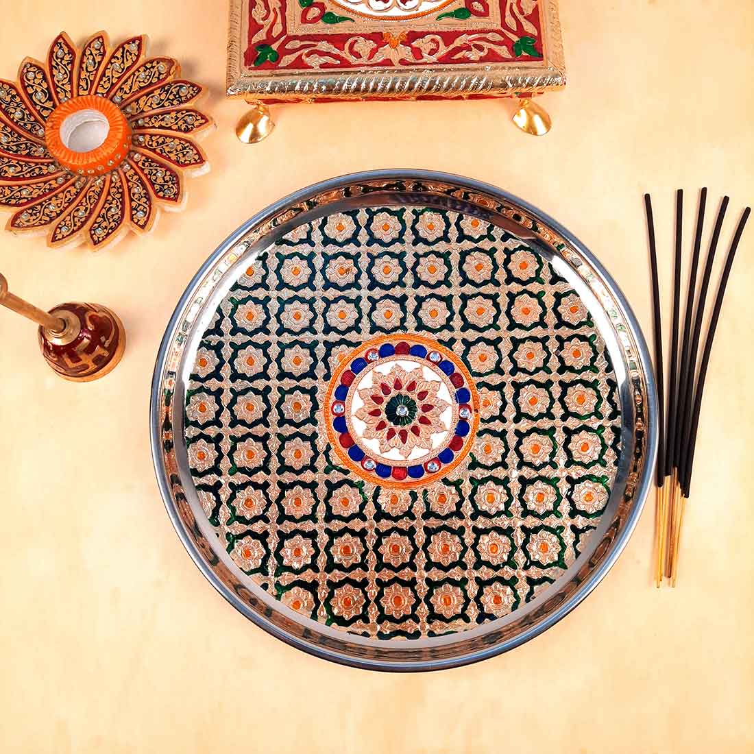 Decorated Pooja Thali- Apkamart #color_Green