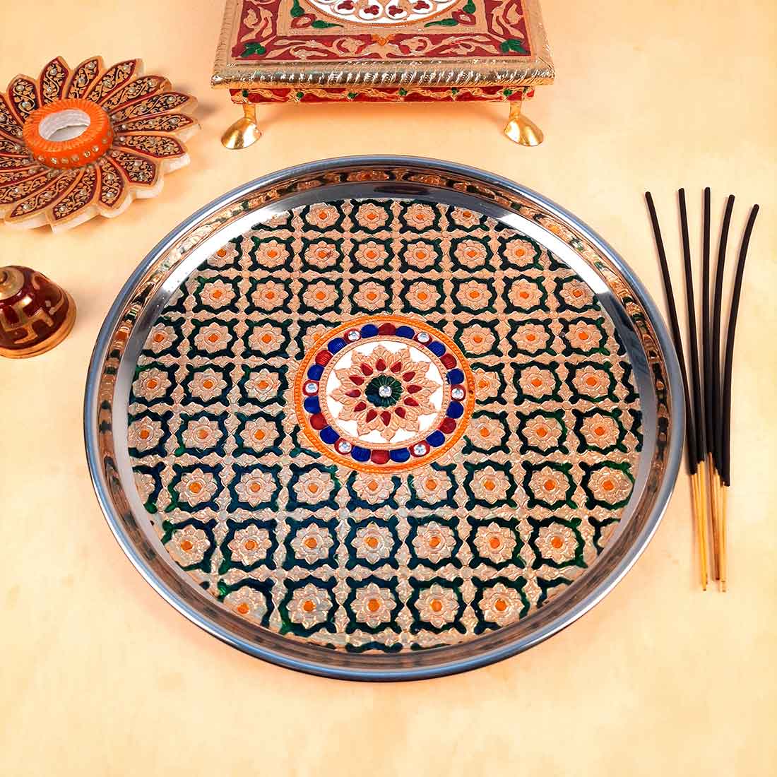 Decorated Pooja Thali- Apkamart #color_Green