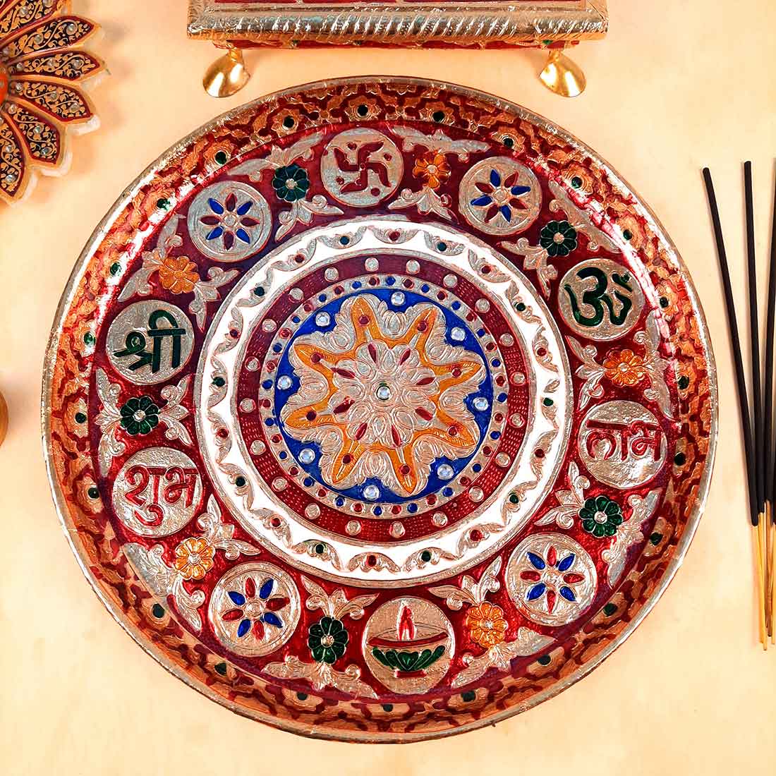 Meenakari Puja Thali - Shubh Labh Design - For For Pooja, Weddings & Festivals - 12 Inch - ApkaMart #style_flower
