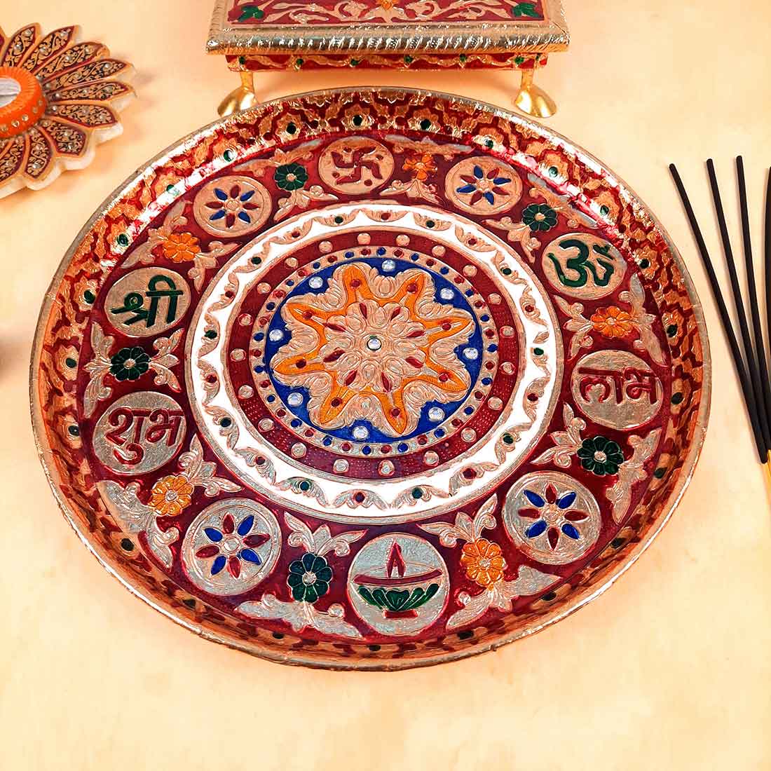 Meenakari Puja Thali - Shubh Labh Design - For For Pooja, Weddings & Festivals - 12 Inch - ApkaMart #style_flower
