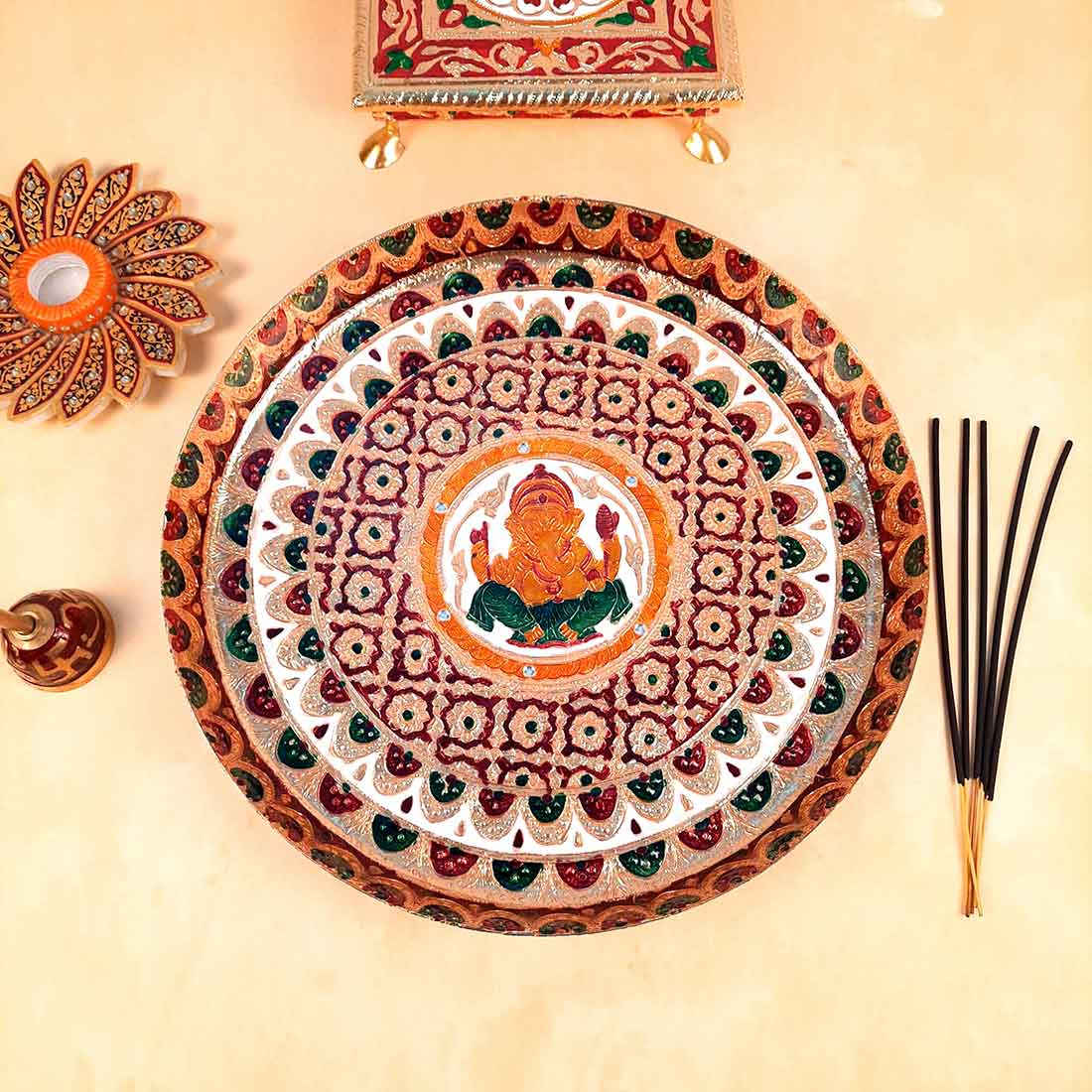 Pooja Plate | Aarti Thali - Ganesha Ji Design - For Pooja, Weddings & Festivals - 13 Inch - ApkaMart