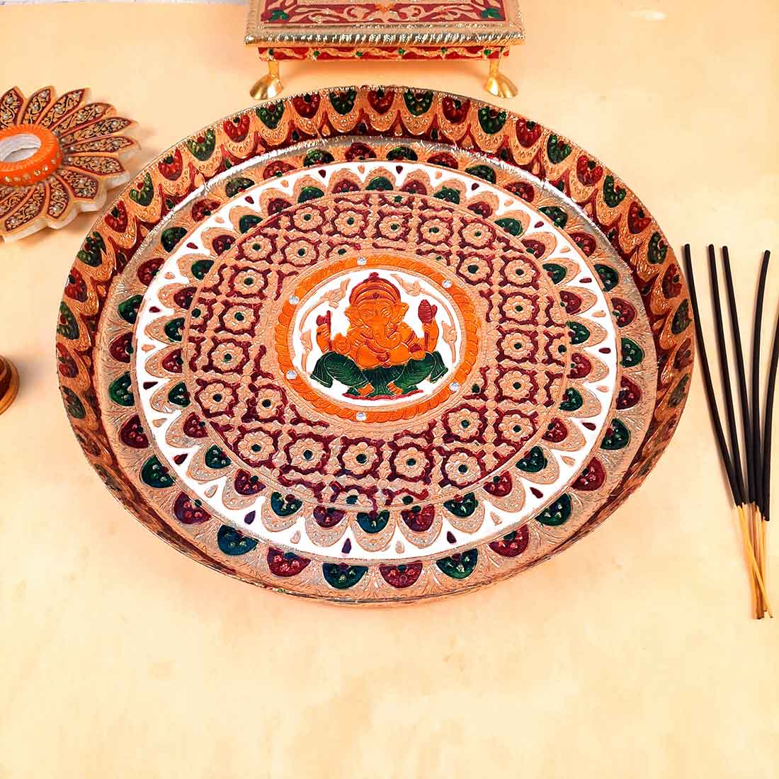 Pooja Plate | Aarti Thali - Ganesha Ji Design - For Pooja, Weddings & Festivals - 13 Inch - ApkaMart