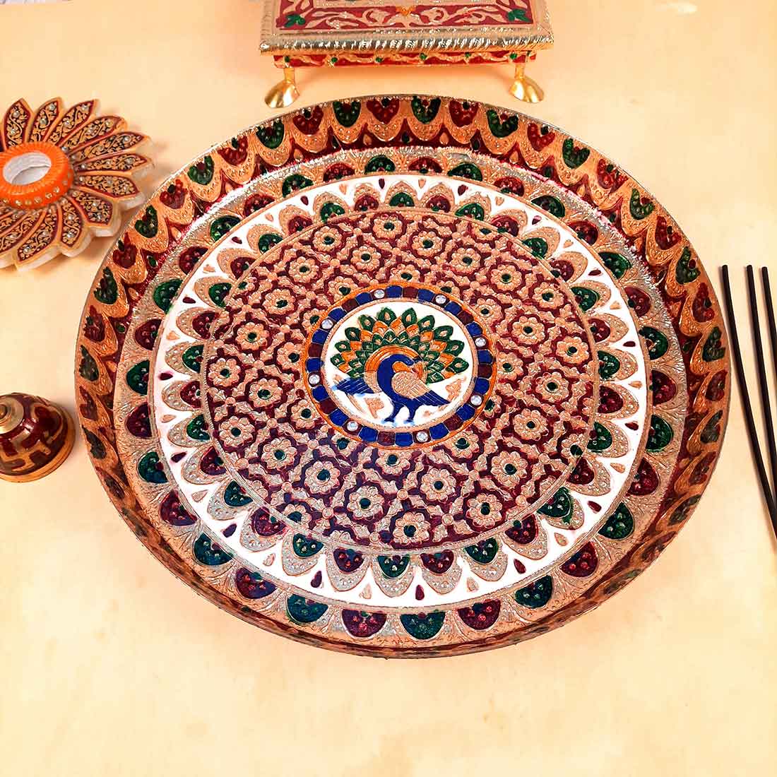 Meenakari Pooja Plate | Aarti Thali - For Pooja, Weddings & Festivals - 13 Inch - ApkaMart