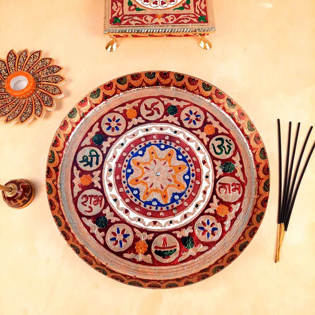 Pooja Thal - Aarti Plate with Meenakari Work & Shubh Labh Design - For Pooja, Weddings & Festivals - 13 Inch - ApkaMart