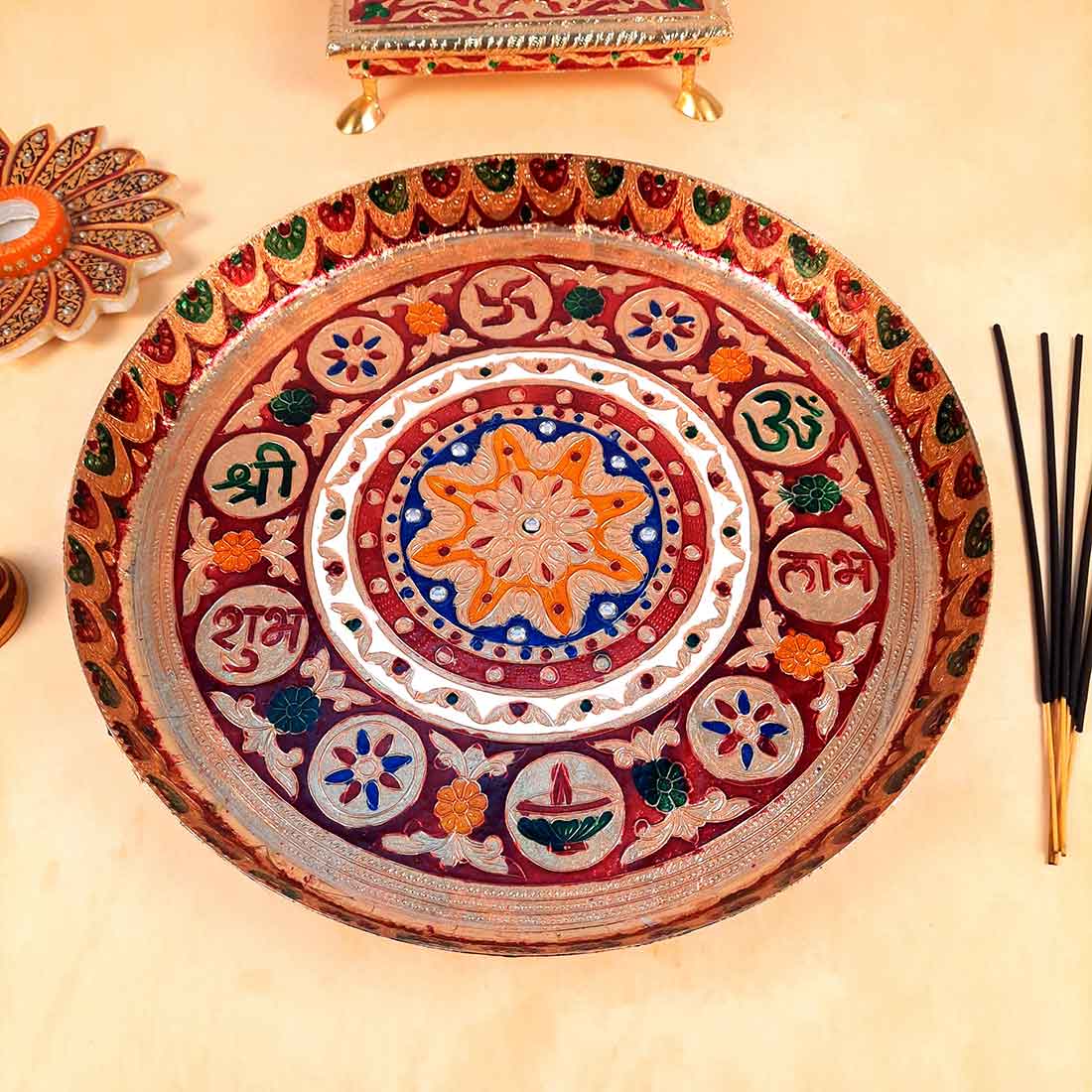 Pooja Thal - Aarti Plate with Meenakari Work & Shubh Labh Design - For Pooja, Weddings & Festivals - 13 Inch - ApkaMart
