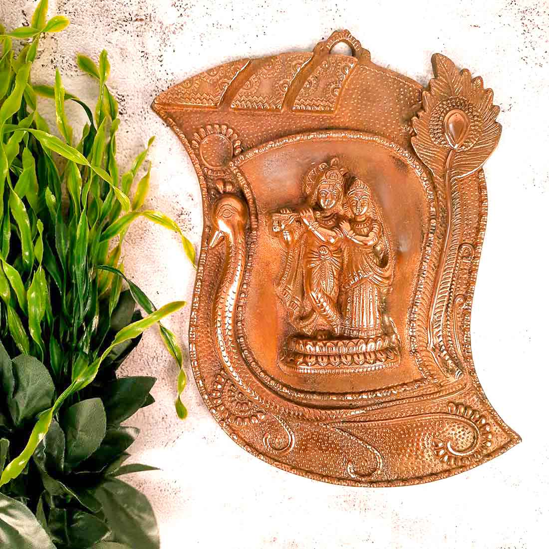 Radha Krishna Idol Wall Hanging Art | Radhe Krishna Playing Flute With Peacock Design Wall Statue Murti | Wedding Gift for Couples | Religious Gift - for Home, Living Room, Office, Puja , Entrance Decoration - 13 Inch