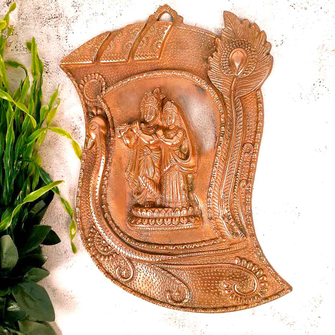 Radha Krishna Idol Wall Hanging Art | Radhe Krishna Playing Flute With Peacock Design Wall Statue Murti | Wedding Gift for Couples | Religious Gift - for Home, Living Room, Office, Puja , Entrance Decoration - 13 Inch