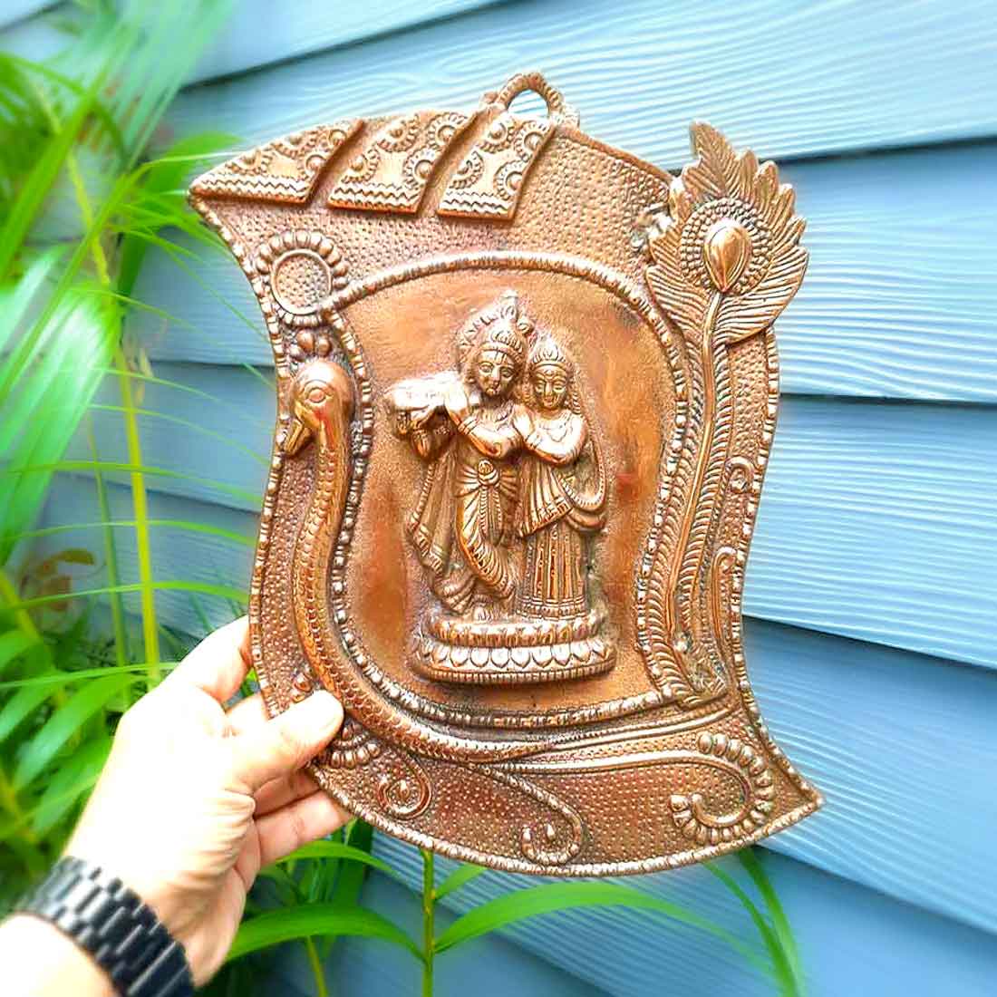 Radha Krishna Idol Wall Hanging Art | Radhe Krishna Playing Flute With Peacock Design Wall Statue Murti | Wedding Gift for Couples | Religious Gift - for Home, Living Room, Office, Puja , Entrance Decoration - 13 Inch